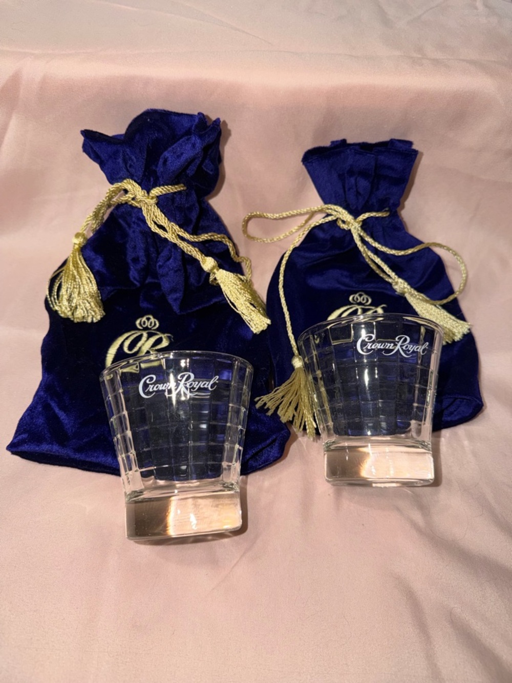 Crown Royal Branded Whiskey Rocks Glasses with Velvet Bags - Royal Purple & Gold
